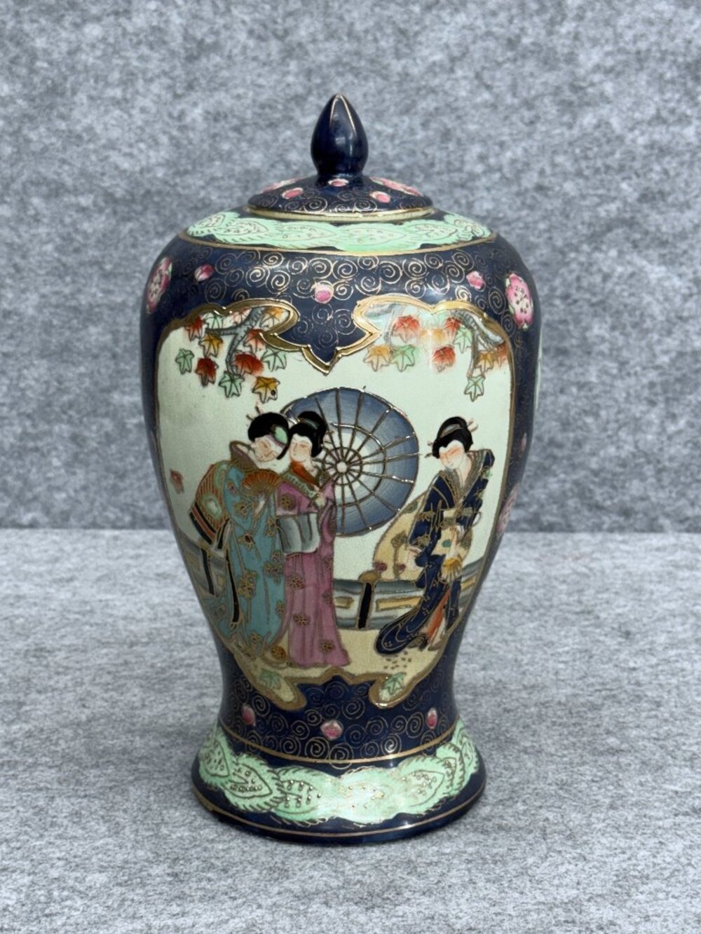 Vintage Royal Satsuma Ginger Jar Cobalt Blue Gold Geisha Scene Floral Landscape